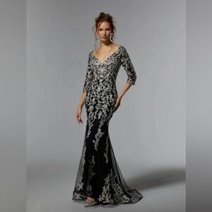 MGNY Madeline Gardner New York Long Formal Dress (Black/Silver)